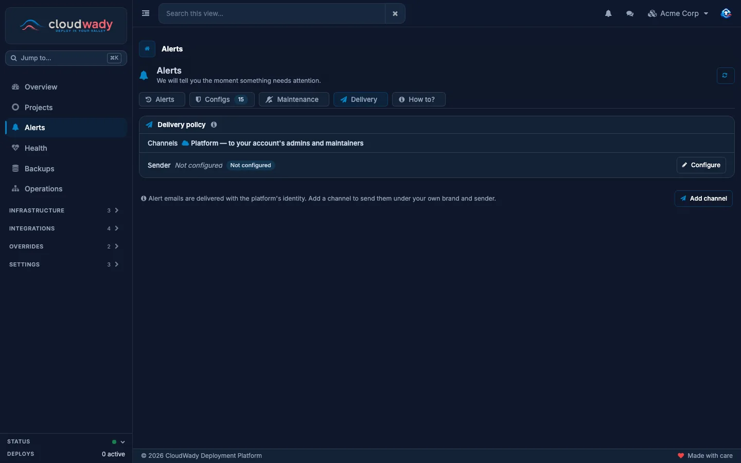 The Delivery tab with the delivery policy, the sender and the Add channel button