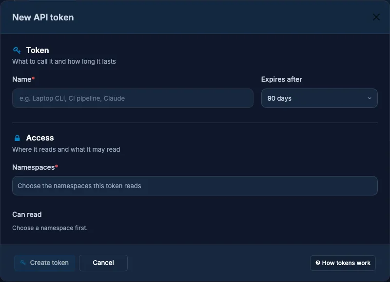 Der Dialog Neues API-Token: Name, Ablauf, Namespaces, was es lesen und was es ändern darf