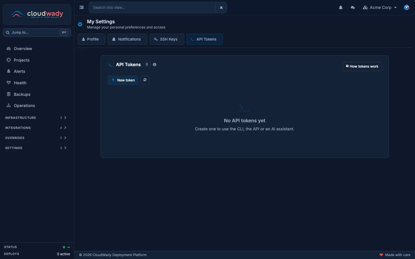 Meine Einstellungen, Tab API-Tokens mit der Schaltfläche Neues Token