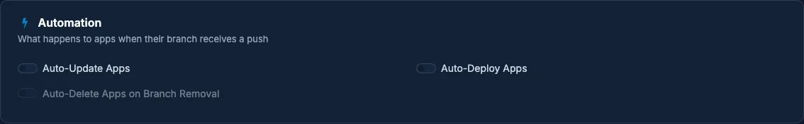 A production environment's Automation settings