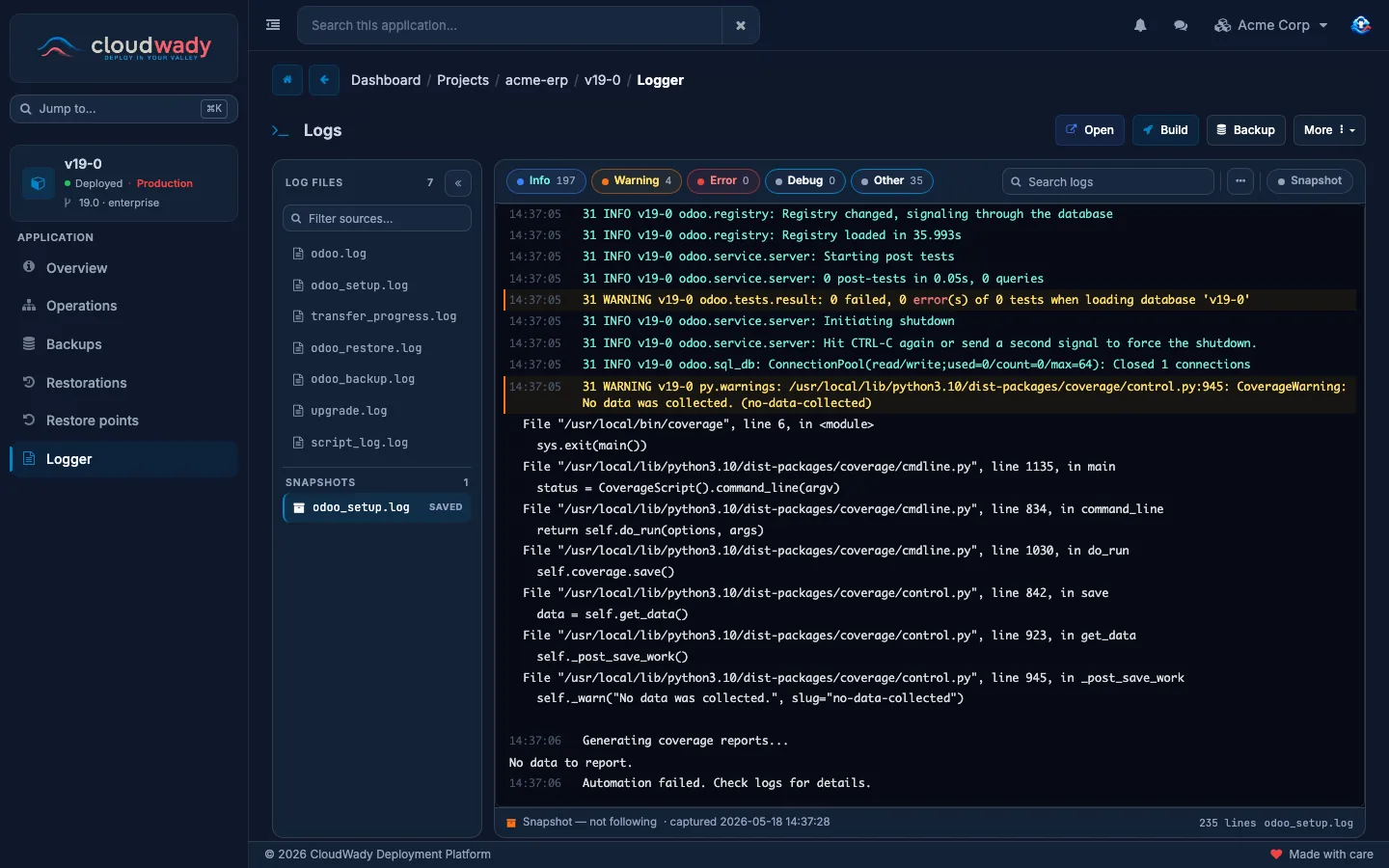 The Logger with its log files on the left and a saved snapshot open