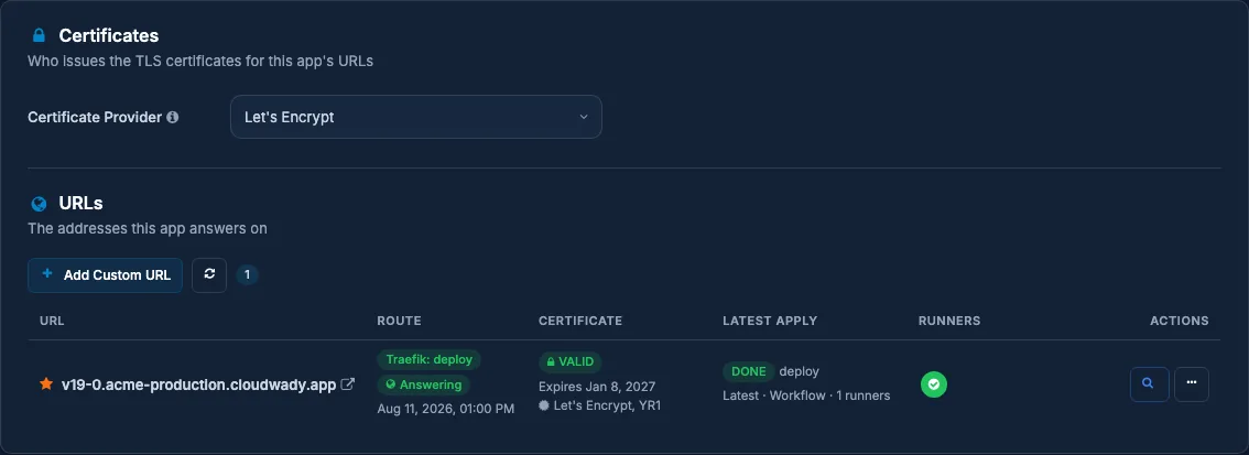 The URLs tab with its certificate provider and the app's address