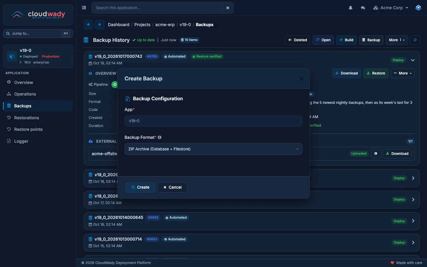 The Create Backup dialog with the backup format picker