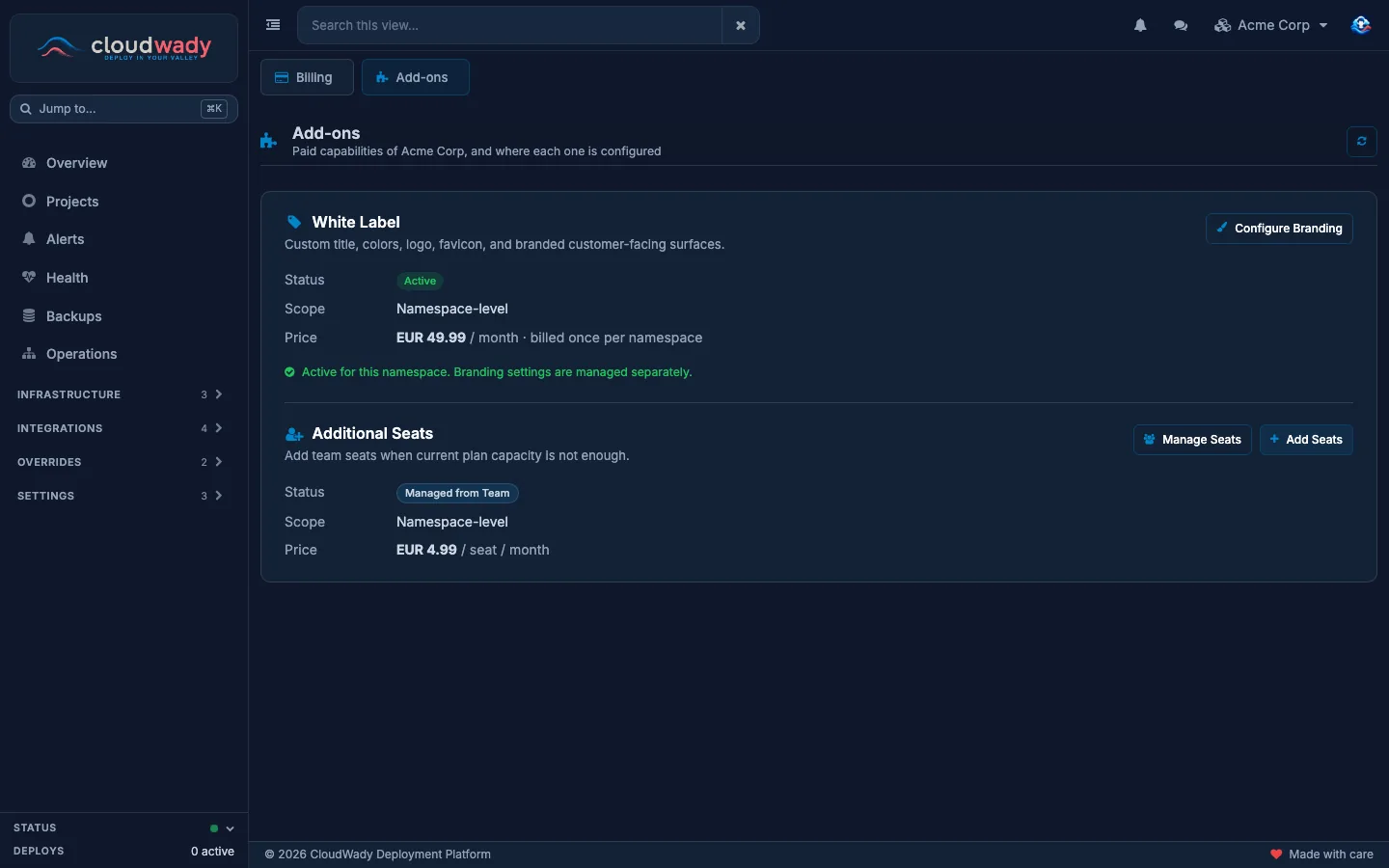 Billing & Plans, Add-ons tab: White Label active, and Additional Seats with its price