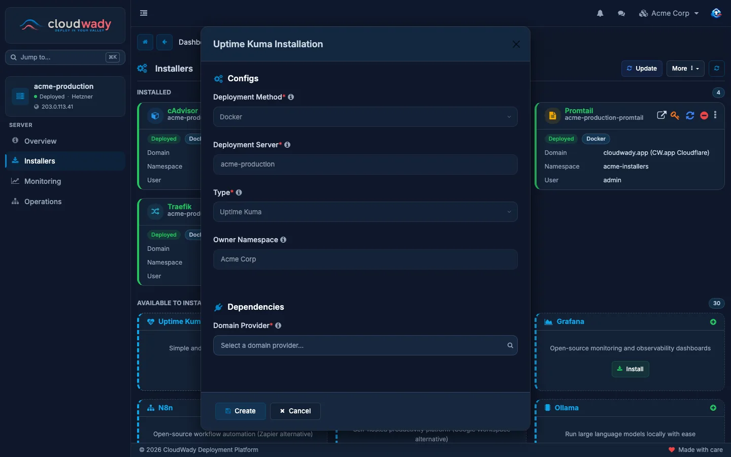 The installation dialog of Uptime Kuma with its configs and domain provider