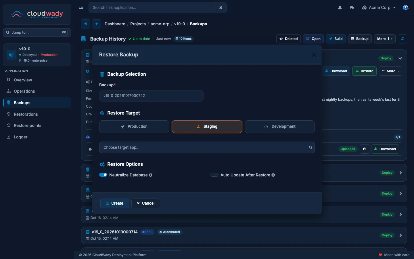 The Restore Backup dialog with the target environment buttons and restore options