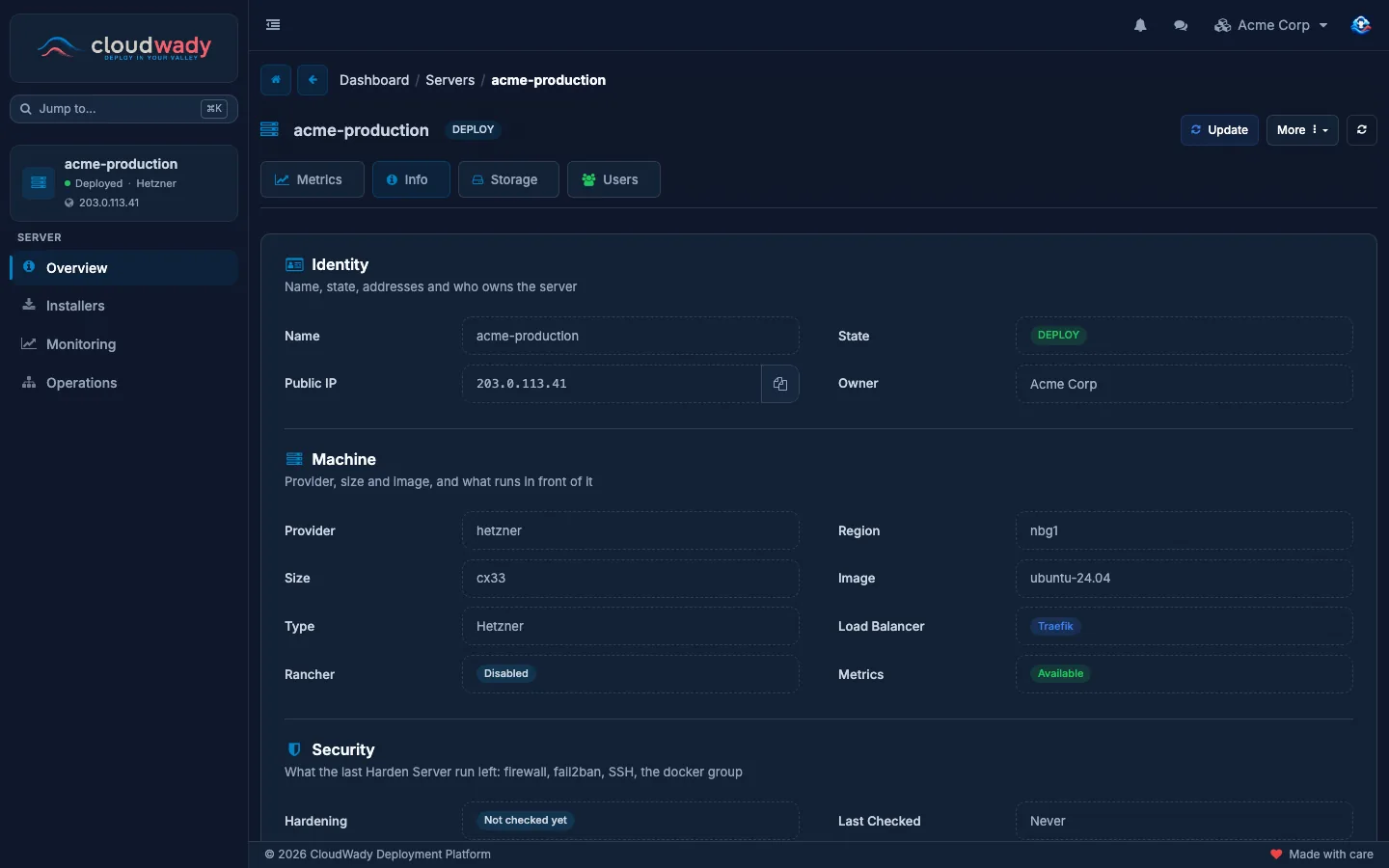 A server's Overview, Info tab, with its identity, machine and security