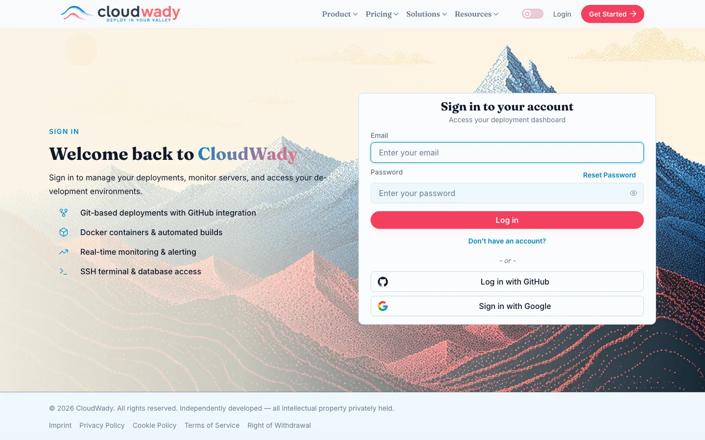 The CloudWady login page with email and password fields and the GitHub and Google buttons