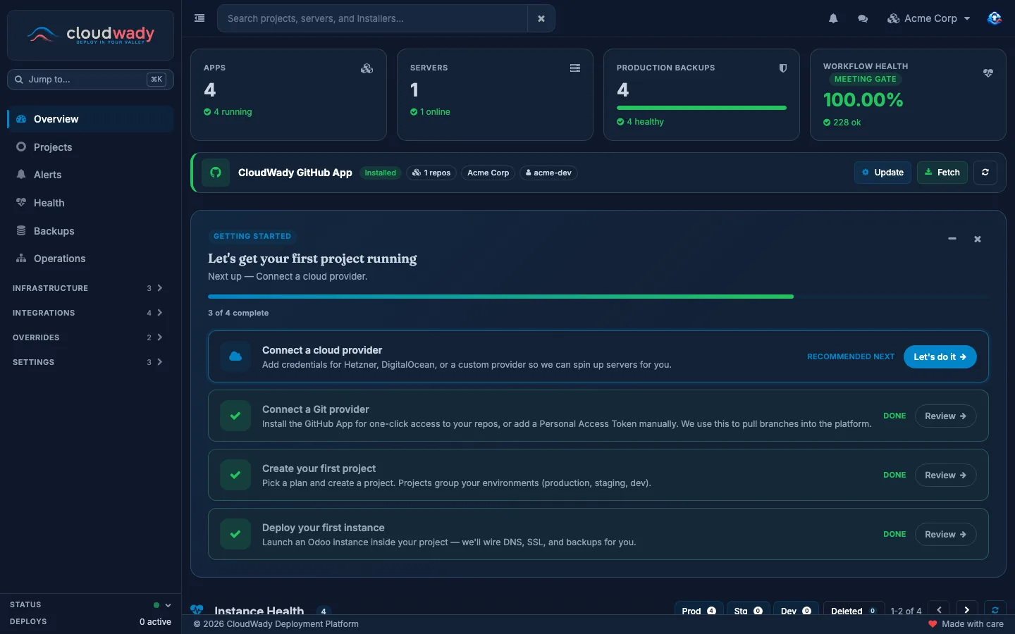 The Setup Guide open on the Overview, three of four steps done