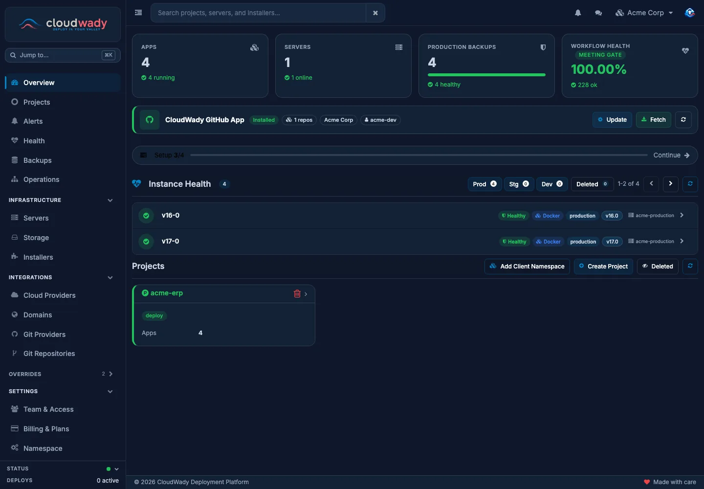 The dashboard sidebar with the Infrastructure, Integrations and Settings sections open