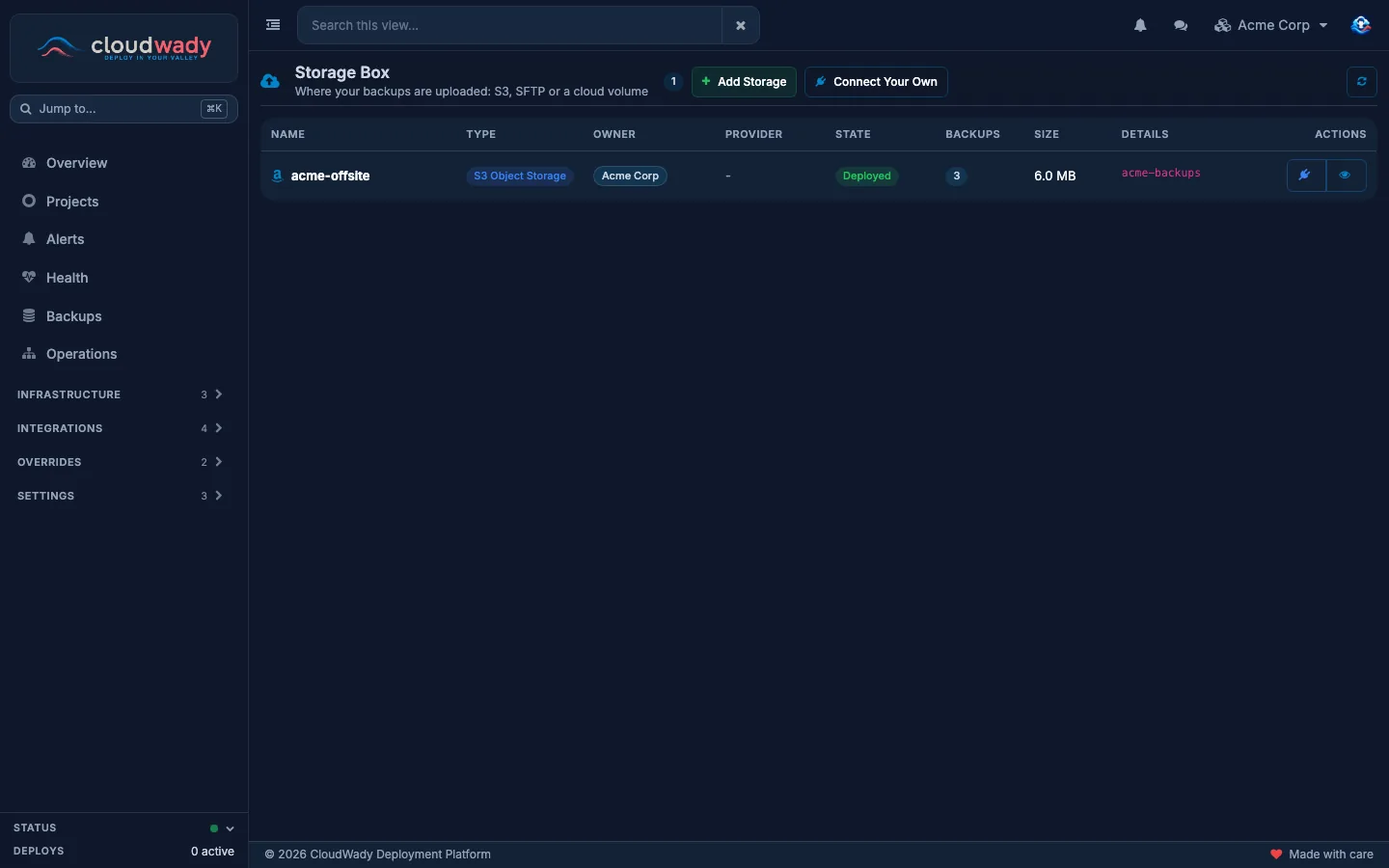 Infrastructure Storage with an S3 storage connected