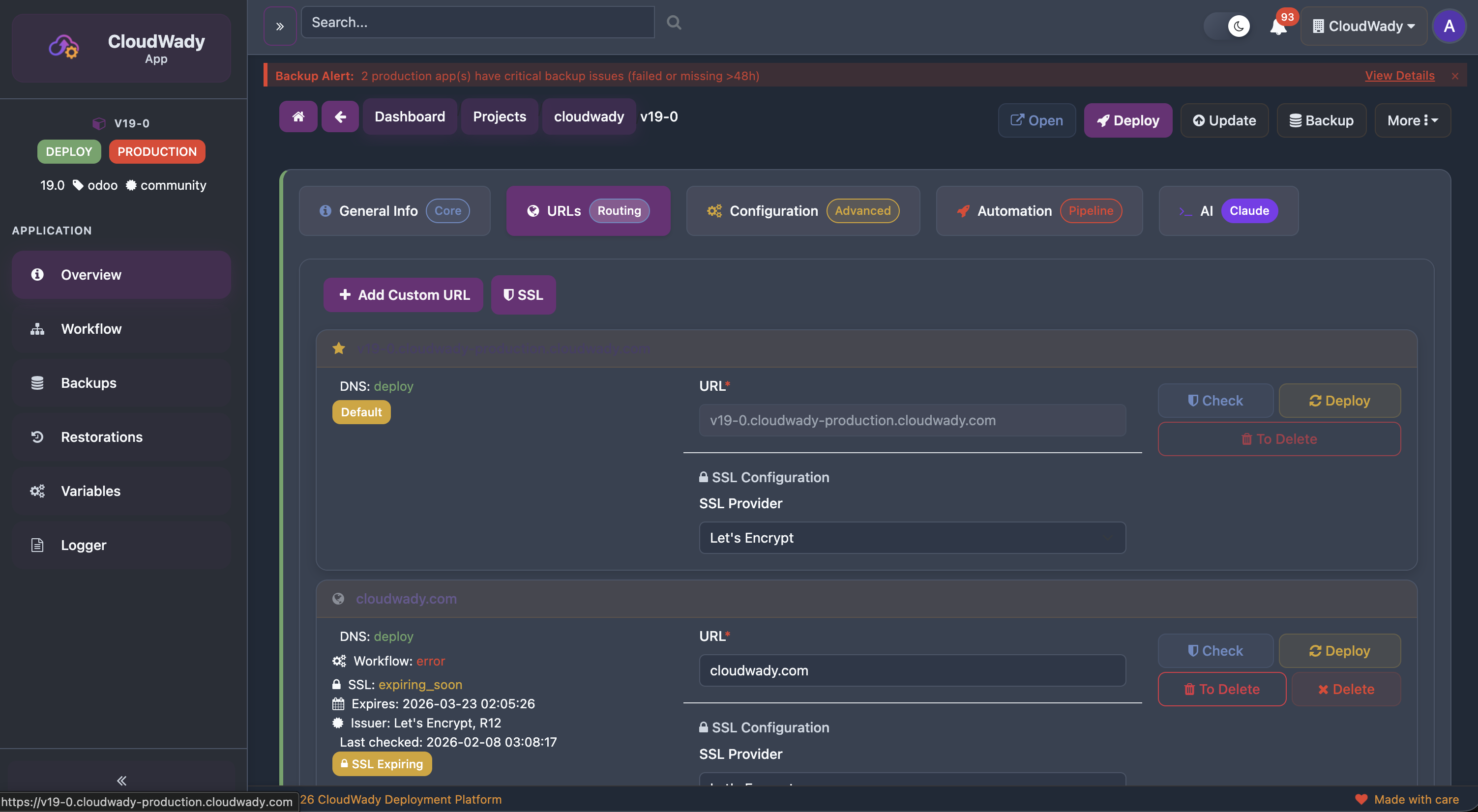CloudWady Application Screen